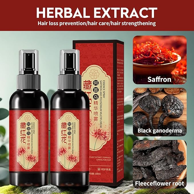 2Pcs Saffron Hair Spray,Herbal Black Hair Spray,Saffron Hairs Blackening Spray,Essence Spray Saffron and Polygonum Multiflorum Leaving Hairs Shiny Non-Frizzy