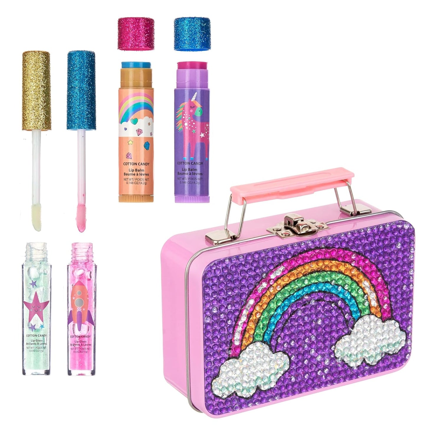 Expressions 5pc Rainbow Rhinestones Cosmetics Lip Kit For Kids w/Lip Glosses, Lip Balms & Tin Box Storage Case Magical Lip Set,Washable + Non Toxic