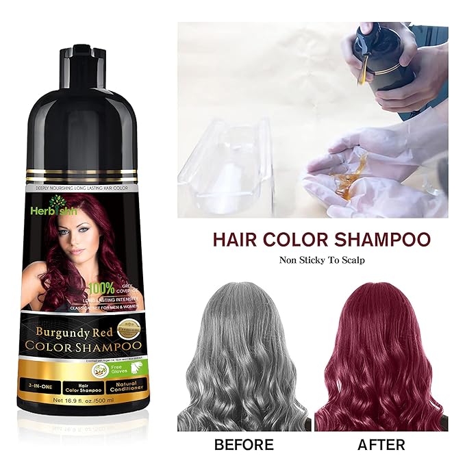 Herbishh Burgundy 3-In-1 Hair Color Shampoo for Gray Hair Magic Hair Dye Shampoo Colors Hair in MinutesLong Lasting500 MlAmmonia-Free