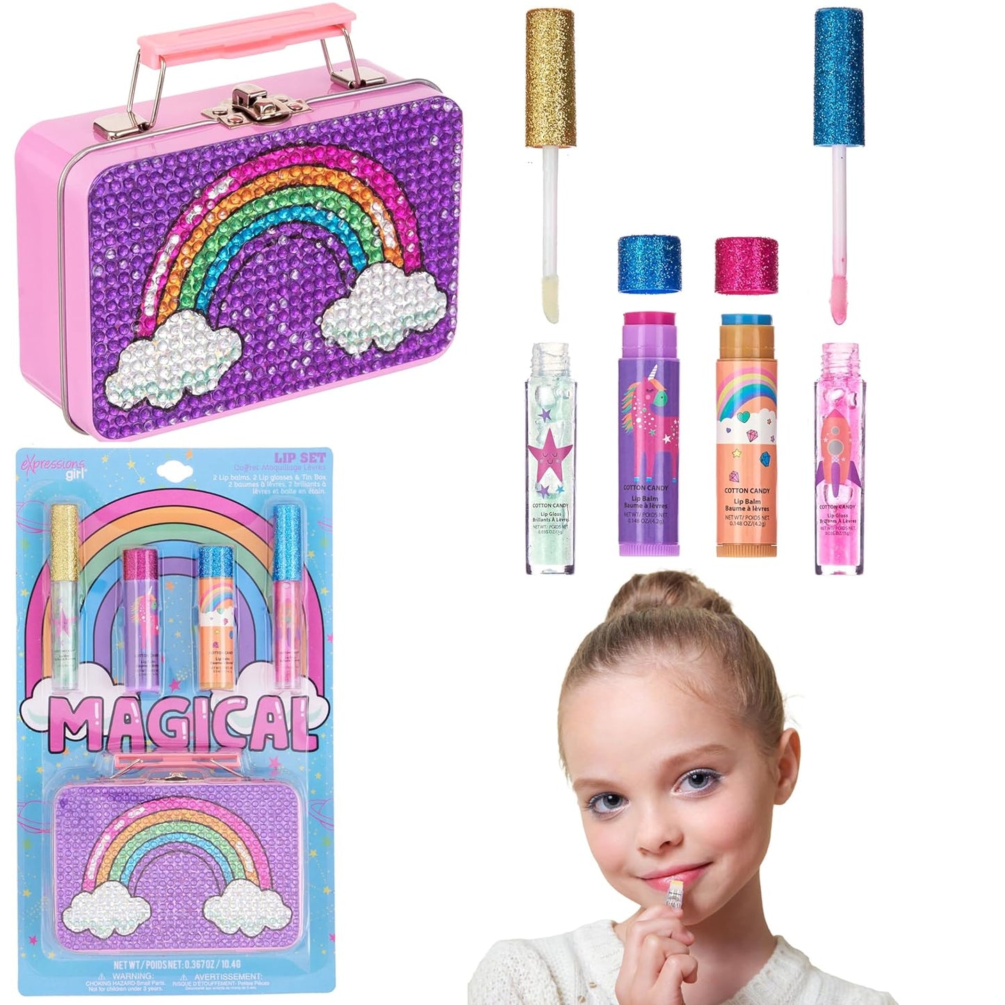 Expressions 5pc Rainbow Rhinestones Cosmetics Lip Kit For Kids w/Lip Glosses, Lip Balms & Tin Box Storage Case Magical Lip Set,Washable + Non Toxic