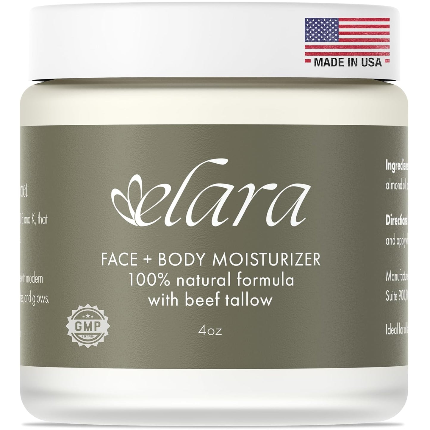 Elara Beef Tallow For Skin - Whipped Tallow Balm For Face And Body - 100% Grass-Fed Tallow Skin Balm With Marula And Sweet Almond Oil - 4 Fl. Oz. - Lavender