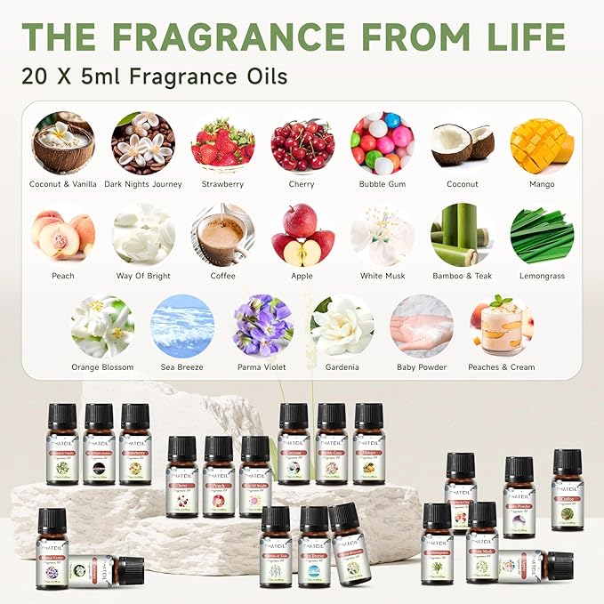 PHATOIL Coconut 20 Pcs Fragrance Oil Set, Premium Fragrance Oil, for Humidifier, DIY Candle & Soap Making Scent, Aromatherapy Diffuser Oils Set (5ML)