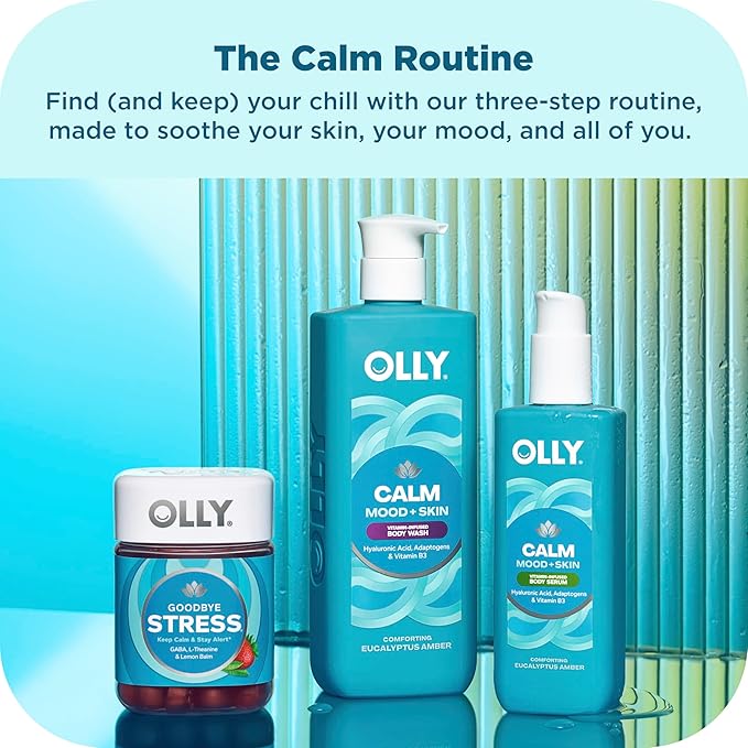 OLLY Calm Body Lotion-Serum with Hyaluronic Acid, Adaptogens & Vitamin B3– Nourishing Cleanser for Skin Barrier Repair, Deep Hydration, Eucalyptus Amber Scent, 8oz