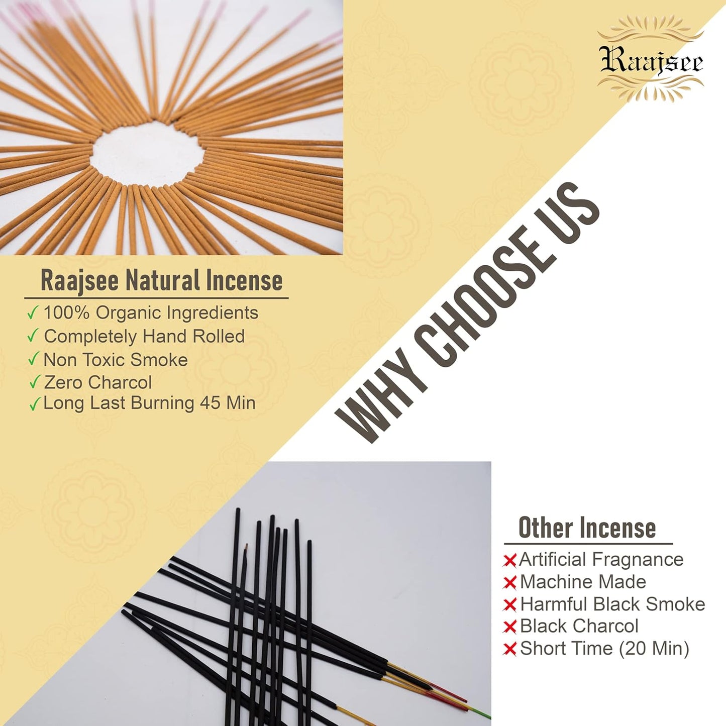 Raajsee Palo Santo Incense Sticks (180 GMS), 100% Pure Organic Natural Hand Rolled Free from Chemicals- Perfect for Aromatherapy, Cleansing, Meditation, and Church (Pack of 12)