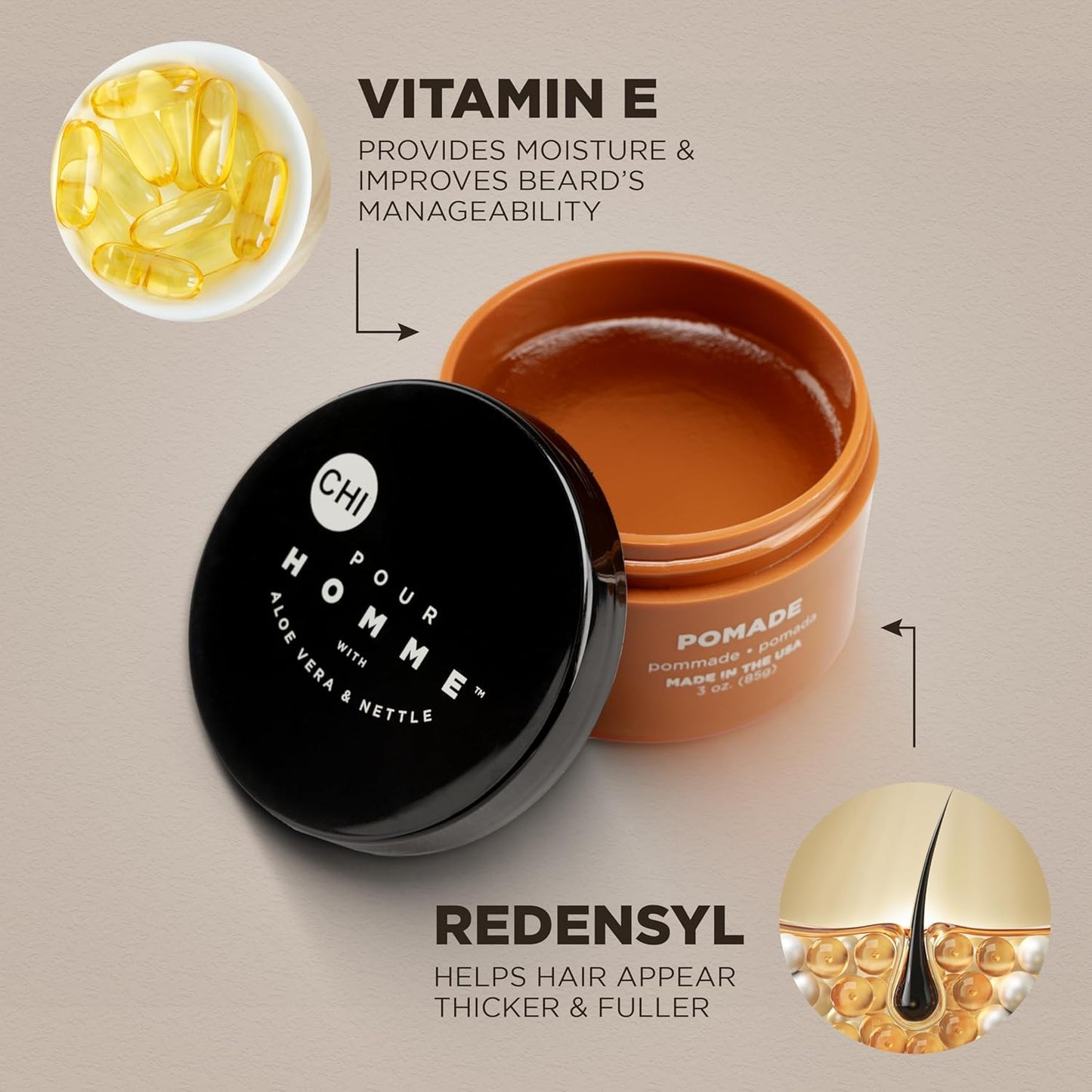 CHI Pour Homme Pomade for Men, Light Hold Hair Product For Medium Shine & Polished Styles, Made With Aloe Vera & Nettle, Fresh, Woody Scent, 6 oz