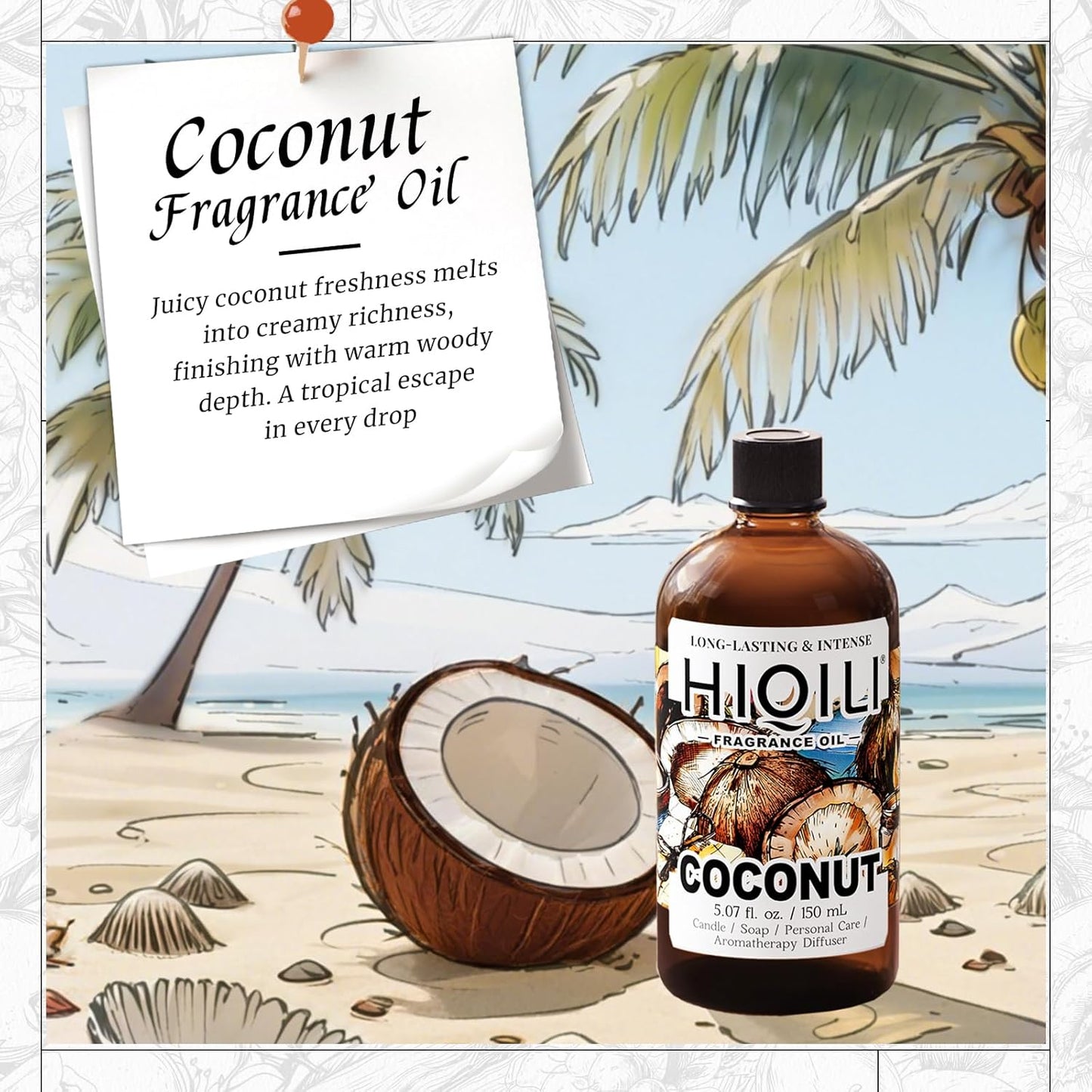 HIQILI Coconut Fragrance Oil for Home Diffuser, Ideal for Making Candle, Soap, Body Spray, Women's Perfume, Creamy Scents - 5.07 Fl Oz
