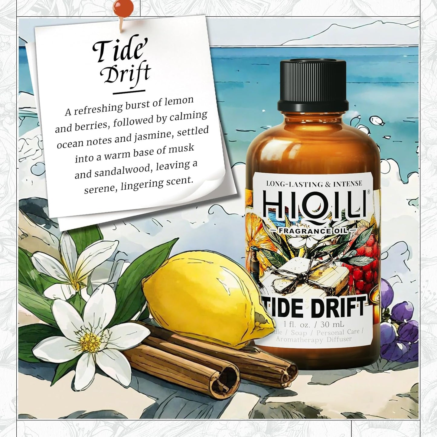 HIQILI Tide Drift Fragrance Oil for Candle, Room Spray Making, Essential Oil Diffuser, DIY Body Butter & Hair Perfume - 1 Fl Oz