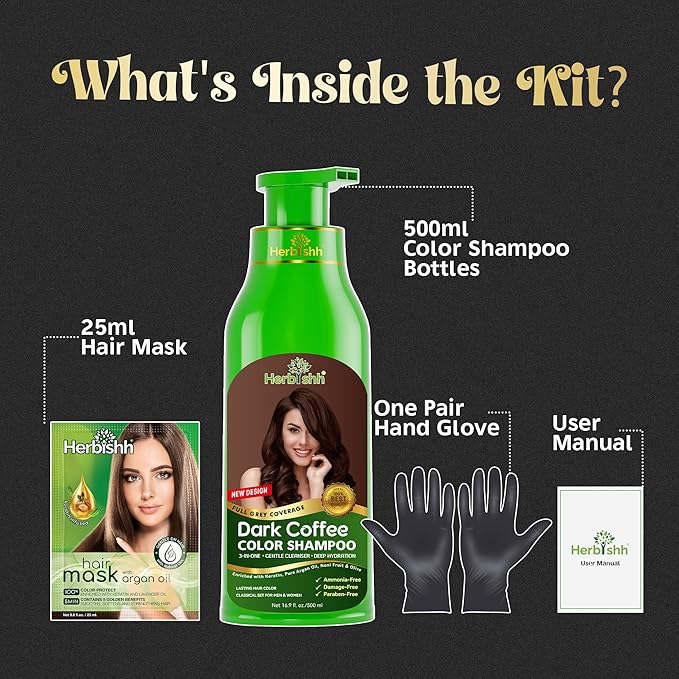 Herbishh Hair Color Shampoo for Gray Magic Dye Colors in Minutes Long Lasting 500ml 3-In-1 Color Ammonia-Free (Dark Coffee)