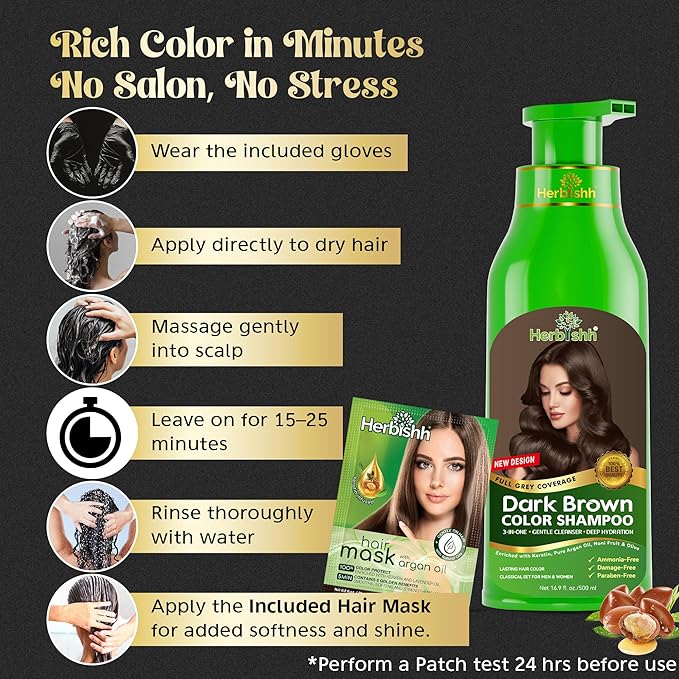 Hair Color Shampoo for Gray Hair, Dark Brown, 500ml with Color Stain Remover Wipes, Ammonia Free